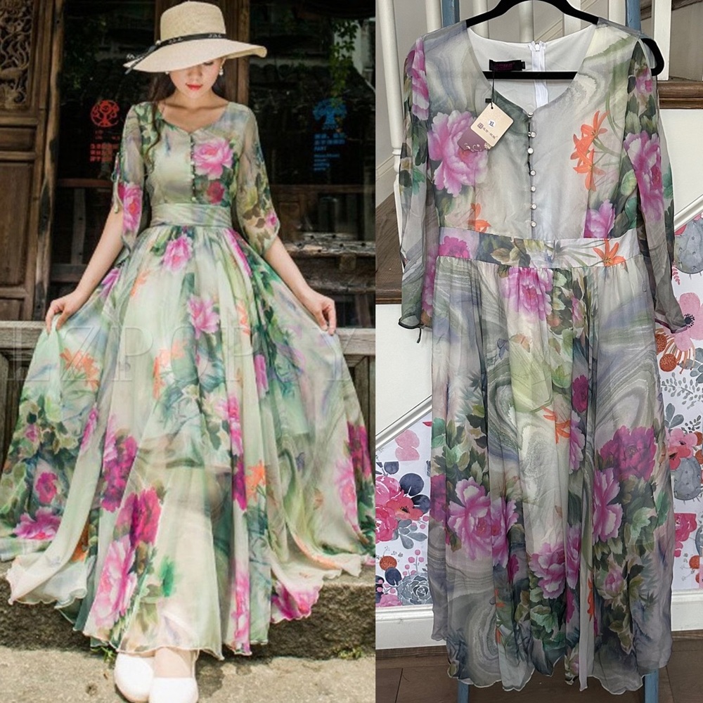 Gorgeous, Flowy, Chiffon Floral Boho Maxi Dress